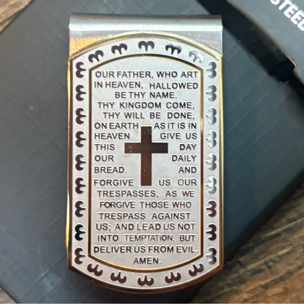 NWT Stainless Steel Religious Money Clip Lord’s Prayer Cross